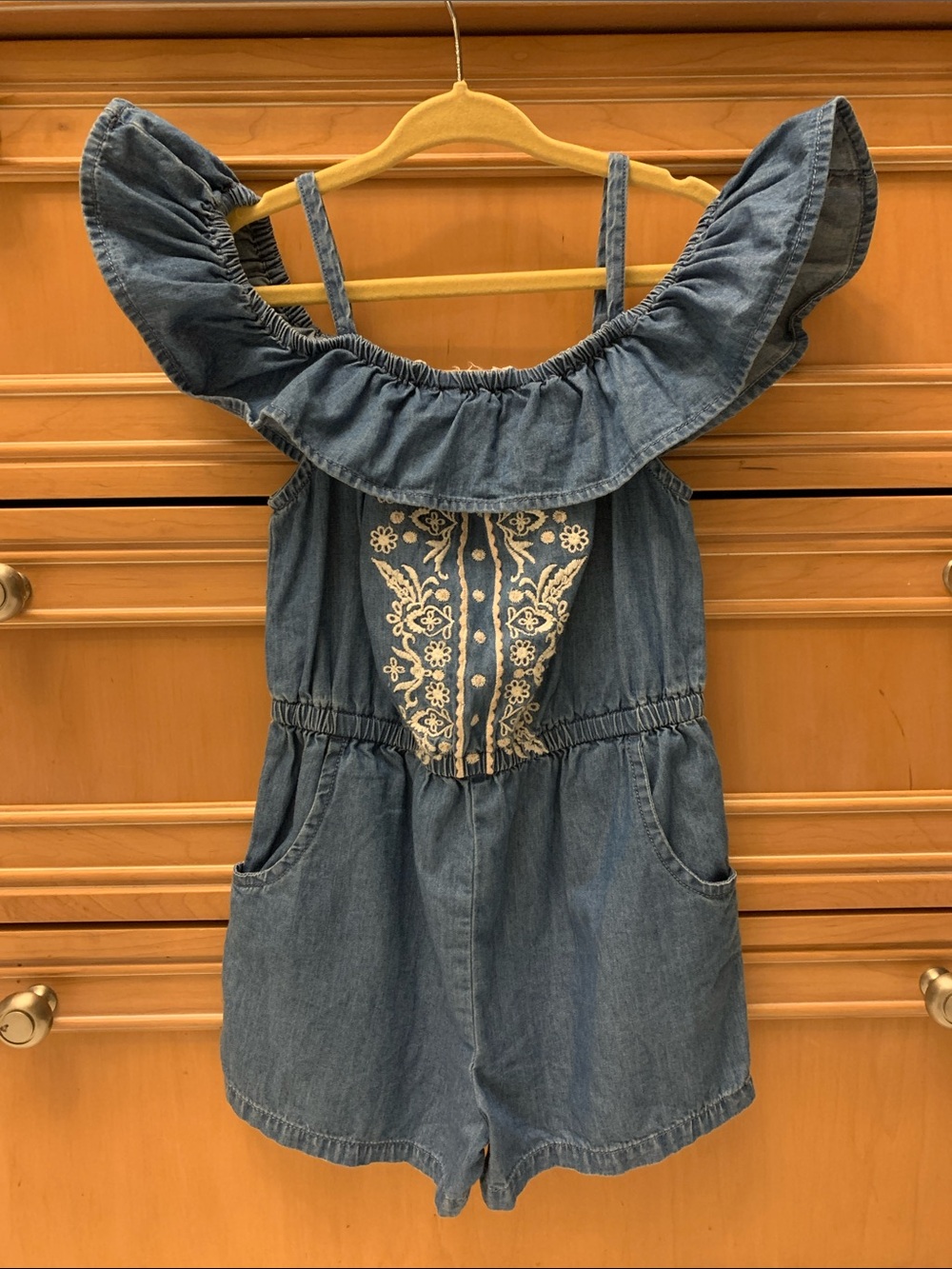 Toddler’s Denim Embroidered Off-Shoulder Romper - Blue